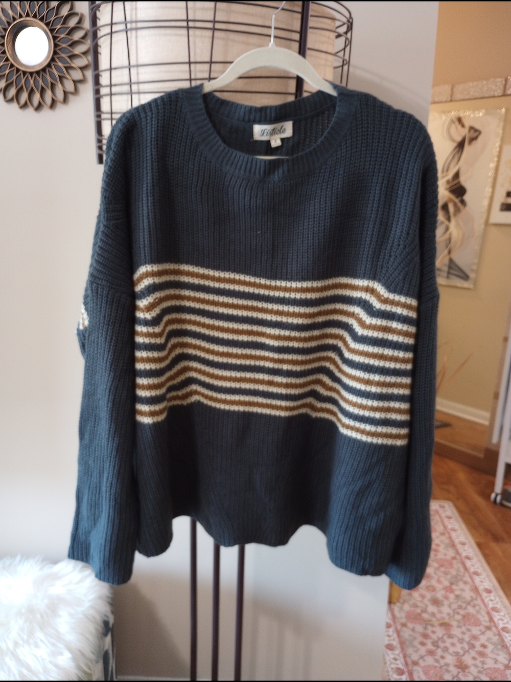 Listicle Navy Ribbed Sweater with Cream and Tan Stripes
